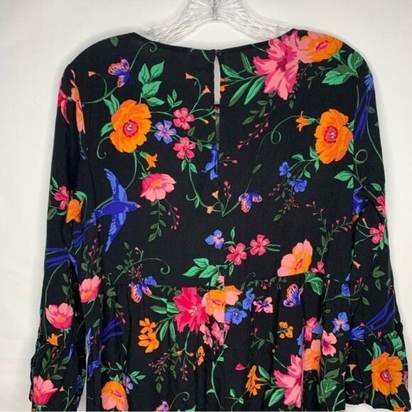 Old Navy Black Multi Color Floral Flare Flounce Sleeve Shift Dress Rayon M - Picture 8 of 11